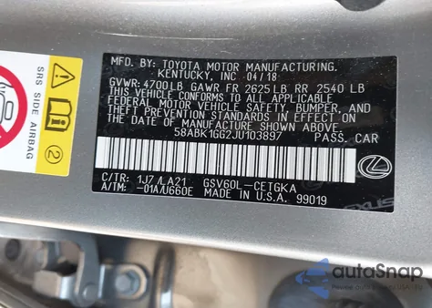 2018 Lexus Es 350 from USA, damaged, VIN 58ABK1GG2JU103897